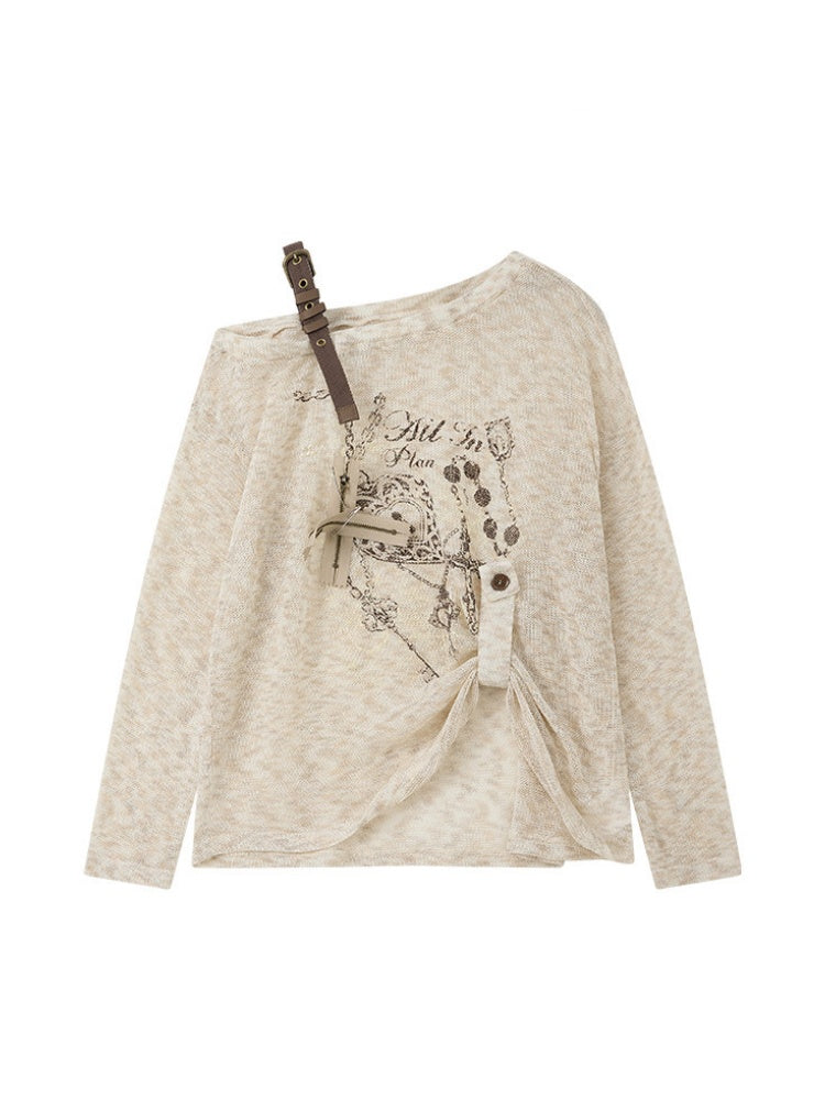 Asymmetrical Shoulder Pullover Light Yarn Slightly Sheer Thin Long Sleeve Tops 【s0000018149】