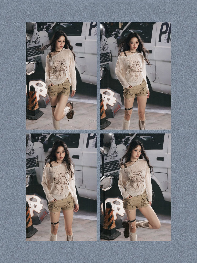 Asymmetrical Shoulder Pullover Light Yarn Slightly Sheer Thin Long Sleeve Tops 【s0000018149】
