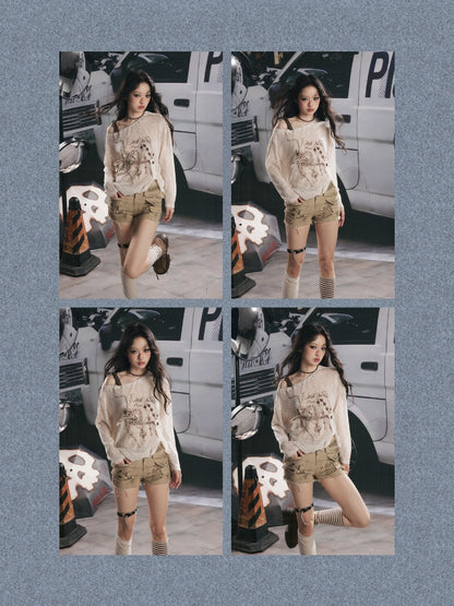 Asymmetrical Shoulder Pullover Light Yarn Slightly Sheer Thin Long Sleeve Tops 【s0000018149】