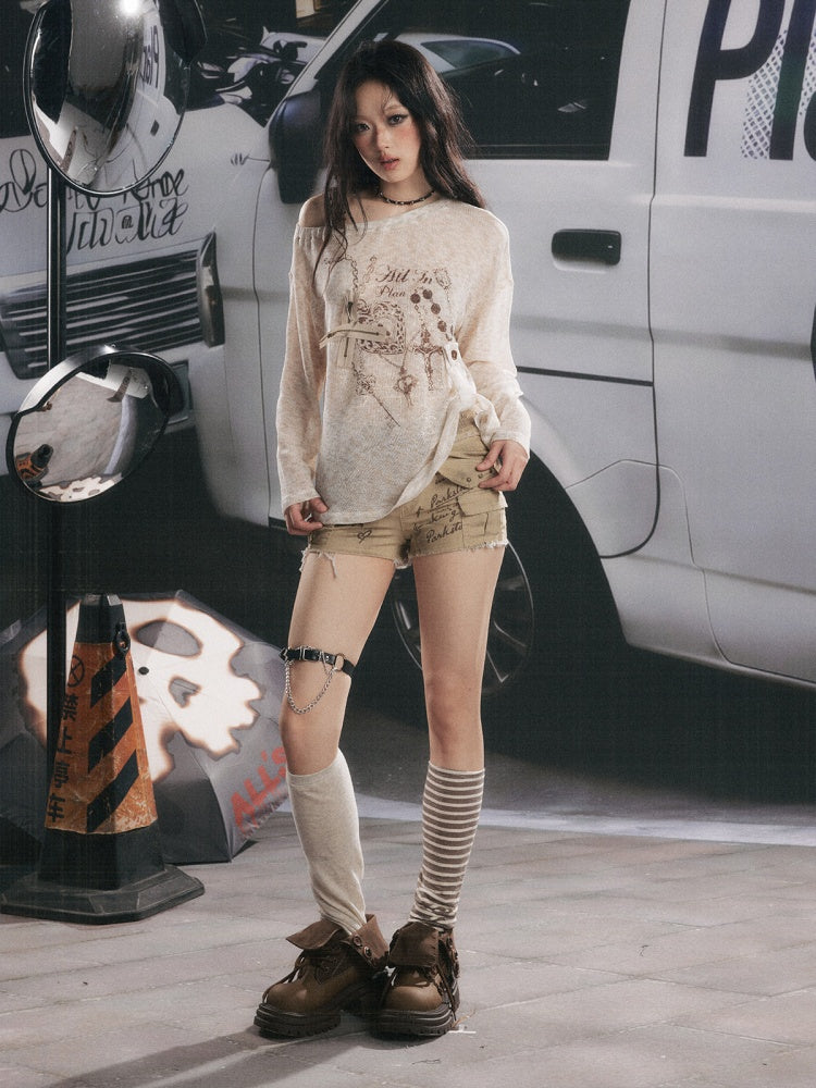 Asymmetrical Shoulder Pullover Light Yarn Slightly Sheer Thin Long Sleeve Tops 【s0000018149】
