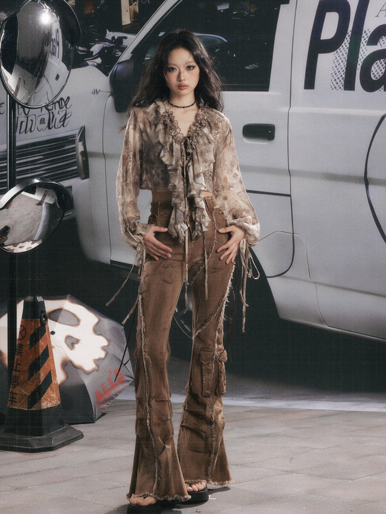 UV Protection Vintage Light Yarn V-Neck Ruffled Short Long Sleeve Tops【s0000018151】