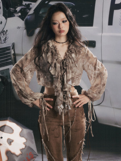 UV Protection Vintage Light Yarn V-Neck Ruffled Short Long Sleeve Tops【s0000018151】