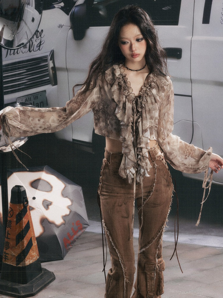 UV Protection Vintage Light Yarn V-Neck Ruffled Short Long Sleeve Tops【s0000018151】