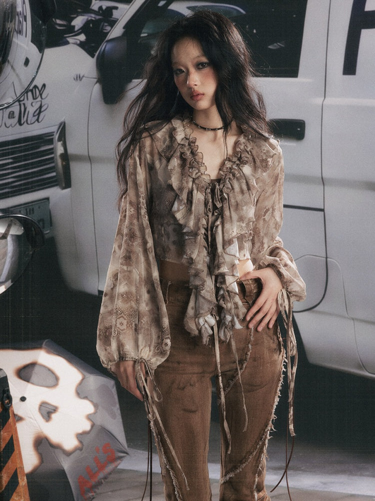 UV Protection Vintage Light Yarn V-Neck Ruffled Short Long Sleeve Tops【s0000018151】