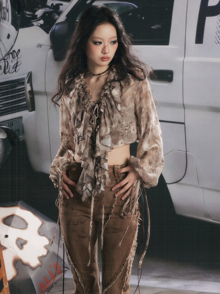 UV Protection Vintage Light Yarn V-Neck Ruffled Short Long Sleeve Tops【s0000018151】
