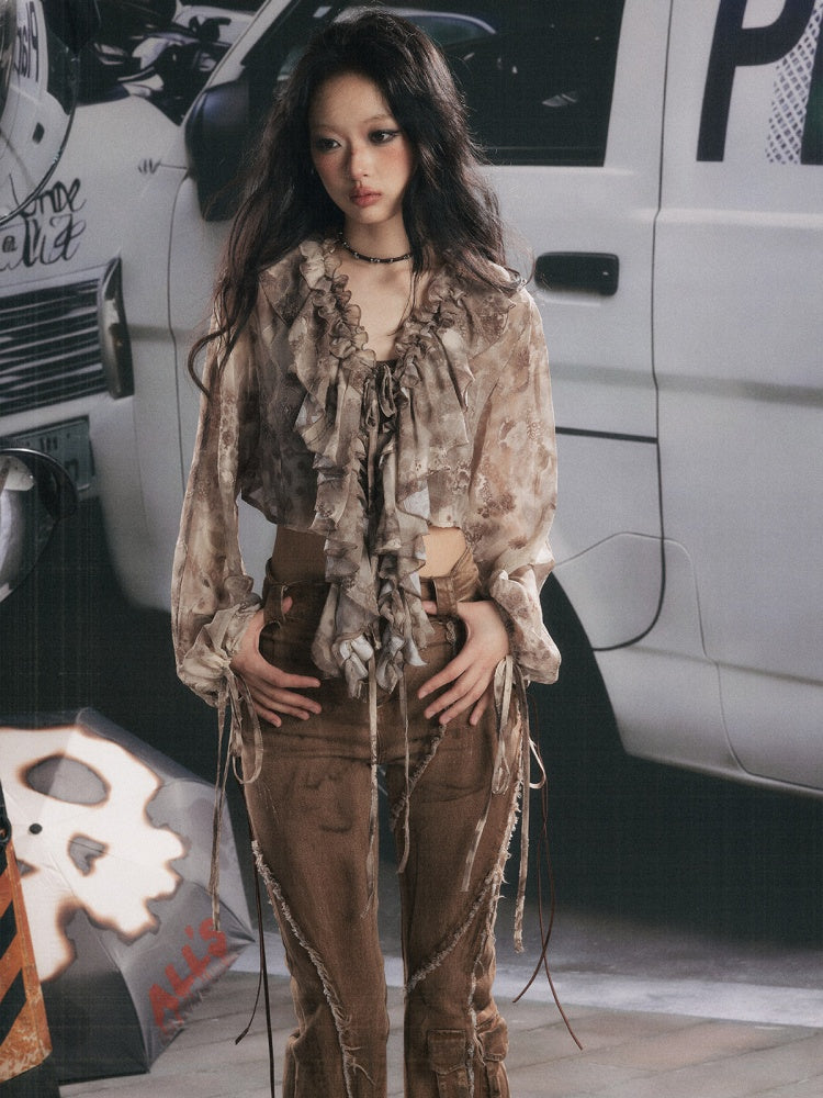 UV Protection Vintage Light Yarn V-Neck Ruffled Short Long Sleeve Tops【s0000018151】