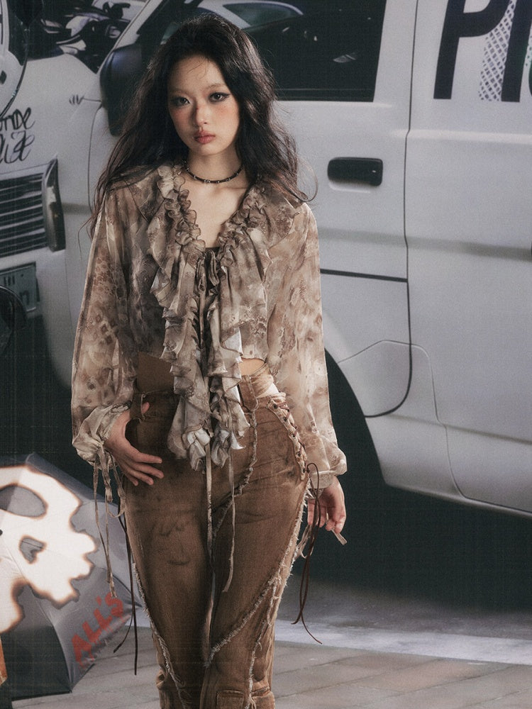 UV Protection Vintage Light Yarn V-Neck Ruffled Short Long Sleeve Tops【s0000018151】