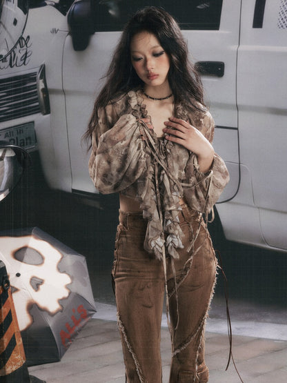 UV Protection Vintage Light Yarn V-Neck Ruffled Short Long Sleeve Tops【s0000018151】