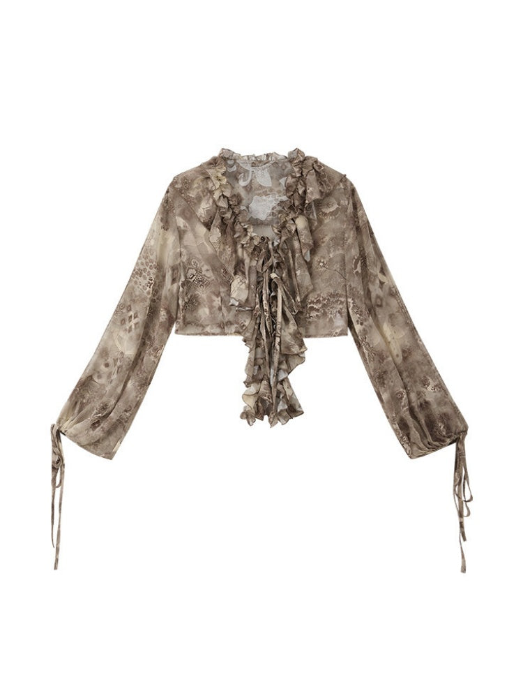 UV Protection Vintage Light Yarn V-Neck Ruffled Short Long Sleeve Tops【s0000018151】