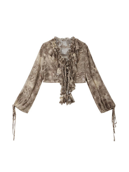 UV Protection Vintage Light Yarn V-Neck Ruffled Short Long Sleeve Tops【s0000018151】