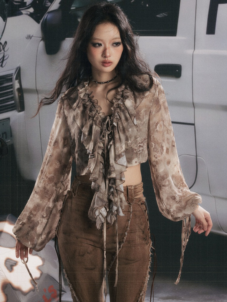 UV Protection Vintage Light Yarn V-Neck Ruffled Short Long Sleeve Tops【s0000018151】