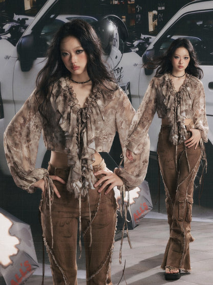 UV Protection Vintage Light Yarn V-Neck Ruffled Short Long Sleeve Tops【s0000018151】