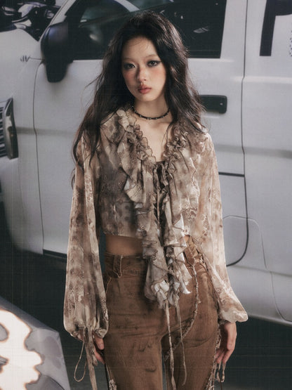 UV Protection Vintage Light Yarn V-Neck Ruffled Short Long Sleeve Tops【s0000018151】