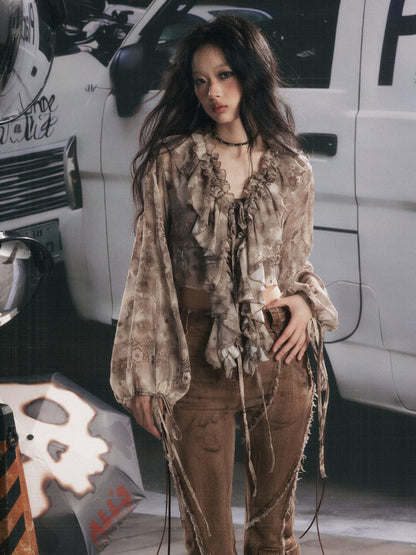 UV Protection Vintage Light Yarn V-Neck Ruffled Short Long Sleeve Tops【s0000018151】