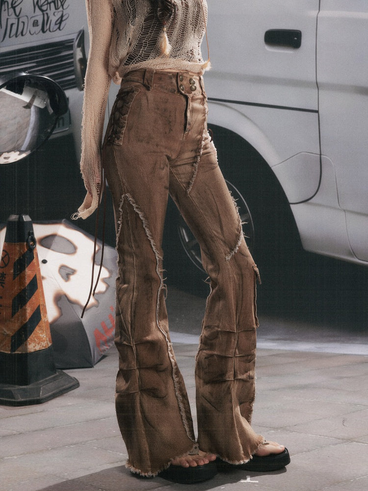 Distressed Washed Drawstring Workwear Flared Jeans Pants【s0000018152】
