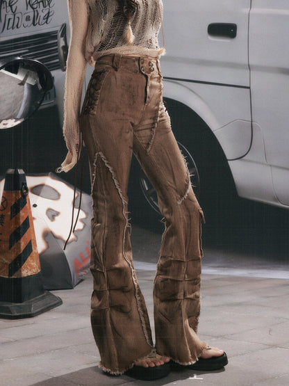 Distressed Washed Drawstring Workwear Flared Jeans Pants【s0000018152】
