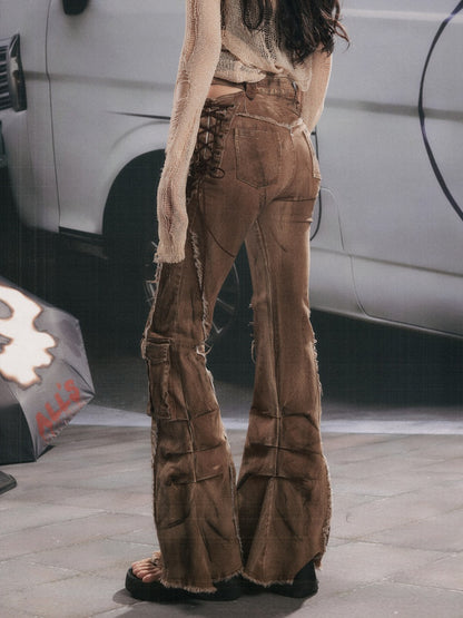Distressed Washed Drawstring Workwear Flared Jeans Pants【s0000018152】