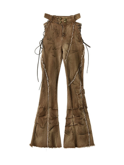 Distressed Washed Drawstring Workwear Flared Jeans Pants【s0000018152】