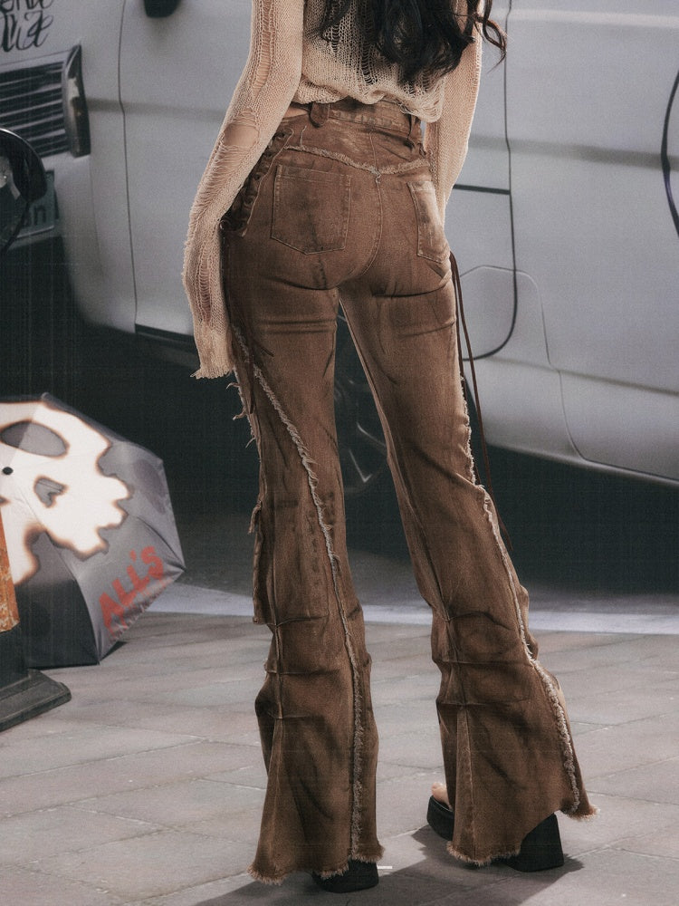 Distressed Washed Drawstring Workwear Flared Jeans Pants【s0000018152】