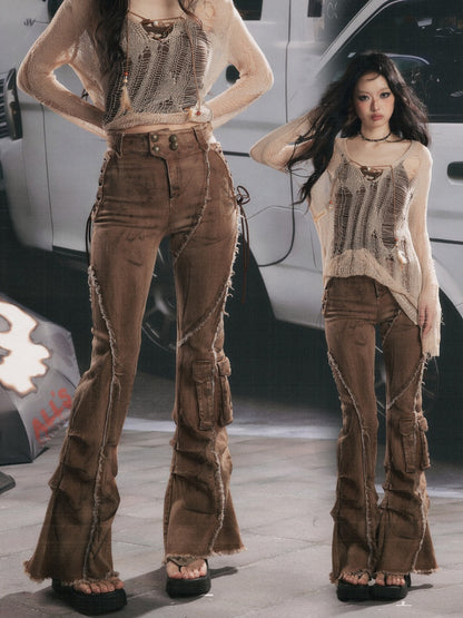 Distressed Washed Drawstring Workwear Flared Jeans Pants【s0000018152】