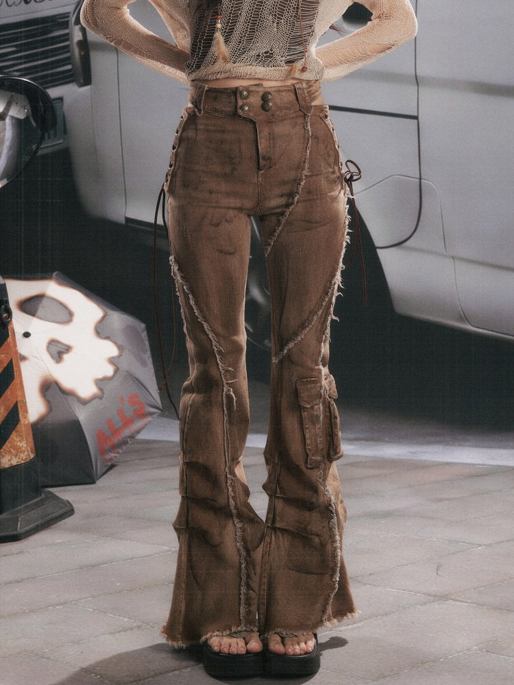 Distressed Washed Drawstring Workwear Flared Jeans Pants【s0000018152】