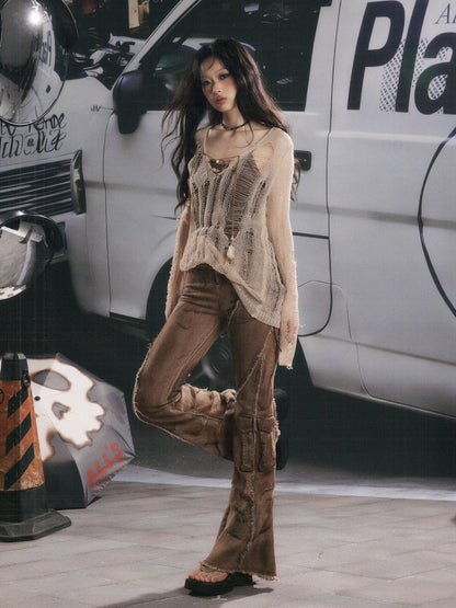 Distressed Washed Drawstring Workwear Flared Jeans Pants【s0000018152】