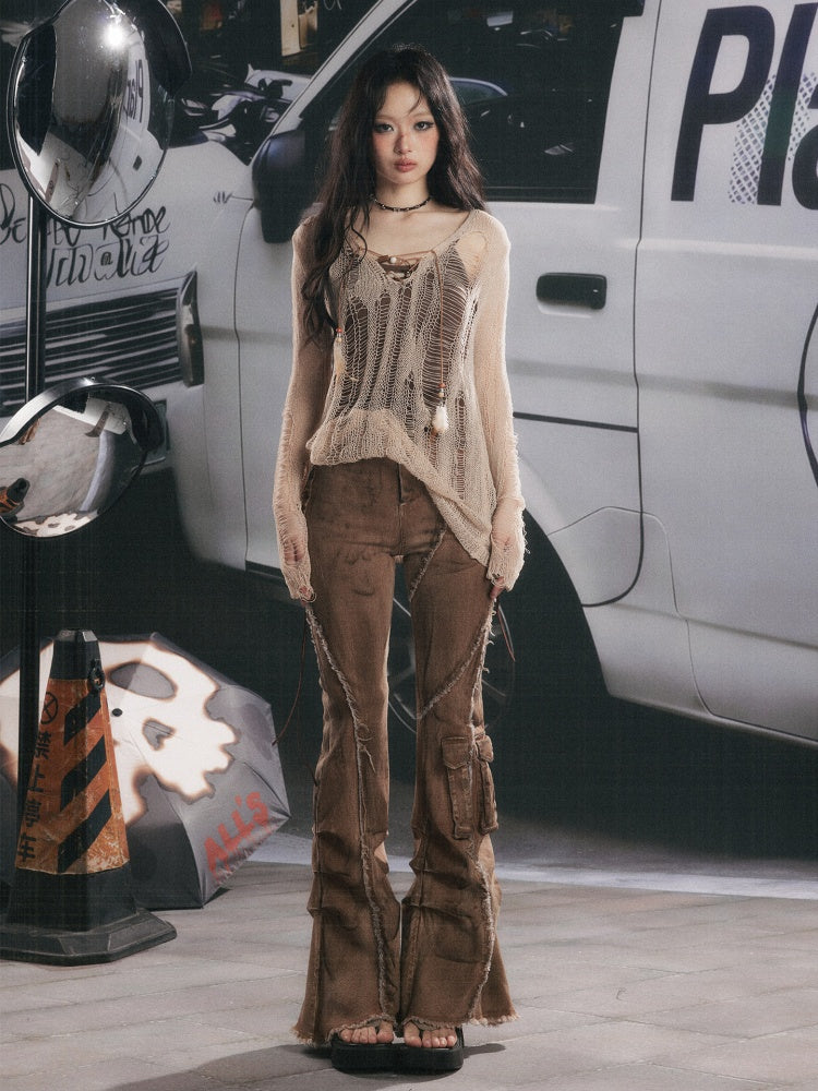 Distressed Washed Drawstring Workwear Flared Jeans Pants【s0000018152】