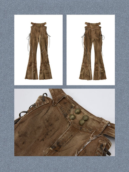 Distressed Washed Drawstring Workwear Flared Jeans Pants【s0000018152】