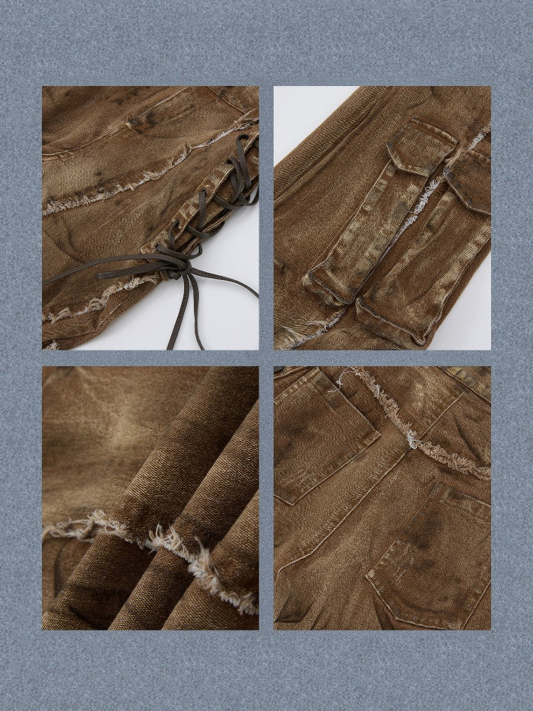 Distressed Washed Drawstring Workwear Flared Jeans Pants【s0000018152】
