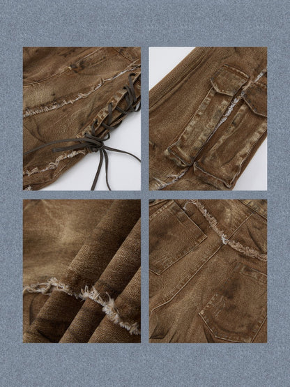 Distressed Washed Drawstring Workwear Flared Jeans Pants【s0000018152】