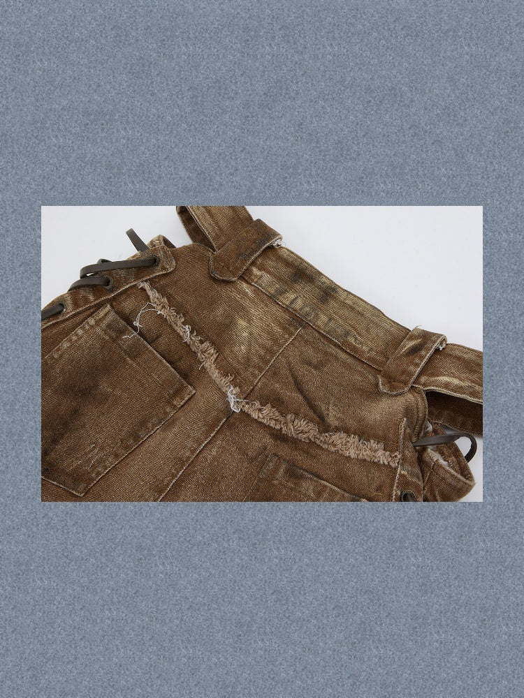 Distressed Washed Drawstring Workwear Flared Jeans Pants【s0000018152】