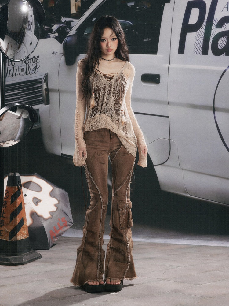 Distressed Washed Drawstring Workwear Flared Jeans Pants【s0000018152】