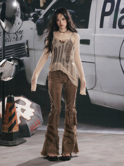 Distressed Washed Drawstring Workwear Flared Jeans Pants【s0000018152】