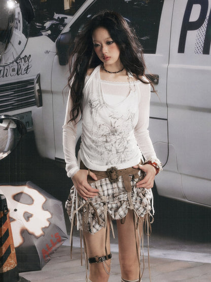 Fake Two-Piece White Thin Halter Neck Long Sleeve T-Shirt【s0000018153】