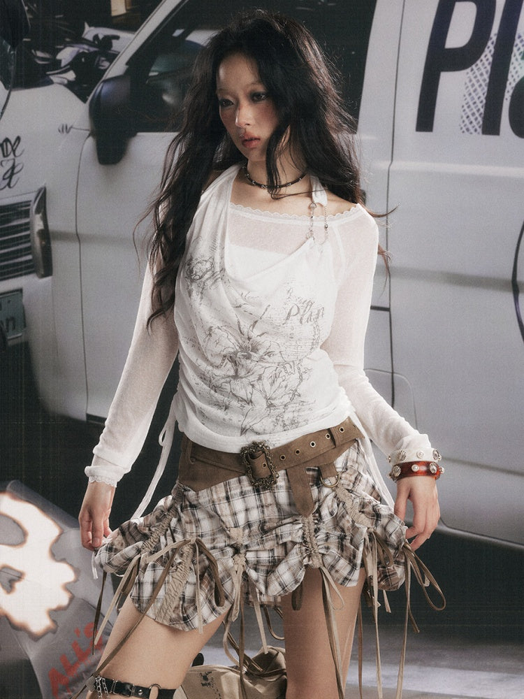 Fake Two-Piece White Thin Halter Neck Long Sleeve T-Shirt【s0000018153】