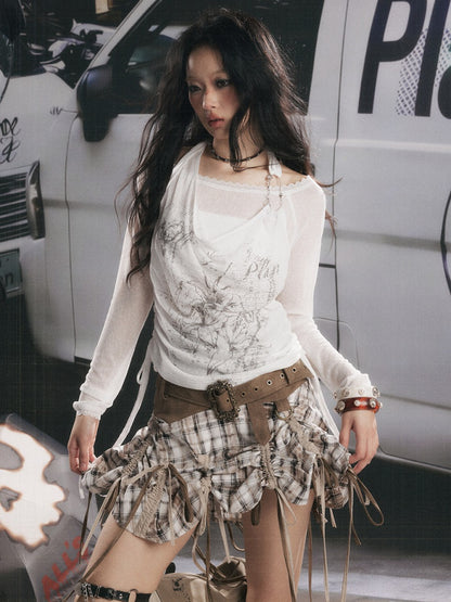 Fake Two-Piece White Thin Halter Neck Long Sleeve T-Shirt【s0000018153】