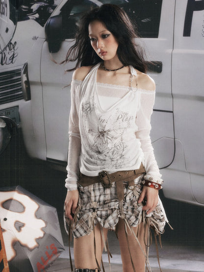 Fake Two-Piece White Thin Halter Neck Long Sleeve T-Shirt【s0000018153】