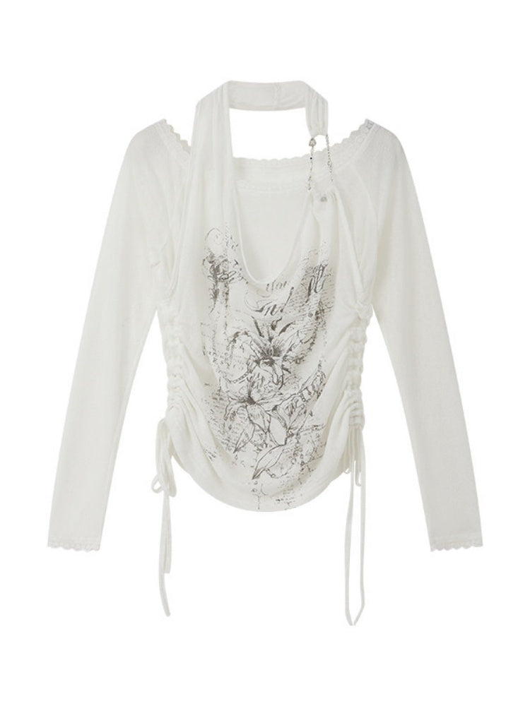 Fake Two-Piece White Thin Halter Neck Long Sleeve T-Shirt【s0000018153】