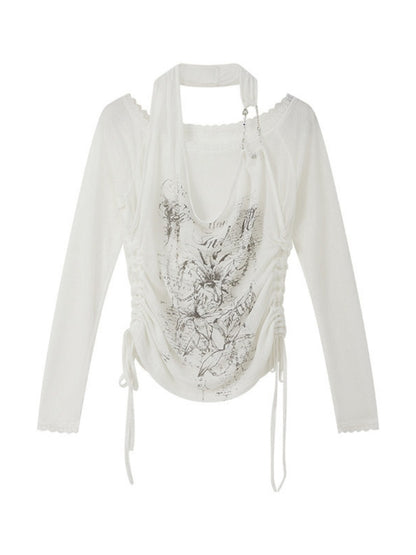 Fake Two-Piece White Thin Halter Neck Long Sleeve T-Shirt【s0000018153】
