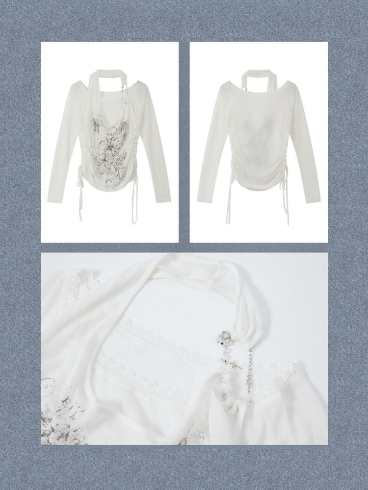 Fake Two-Piece White Thin Halter Neck Long Sleeve T-Shirt【s0000018153】