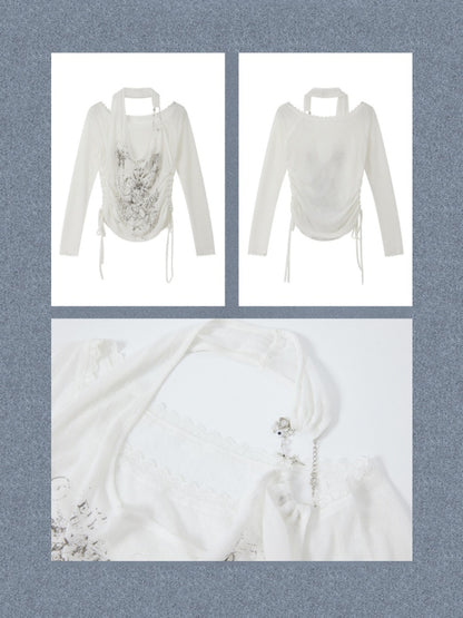 Fake Two-Piece White Thin Halter Neck Long Sleeve T-Shirt【s0000018153】