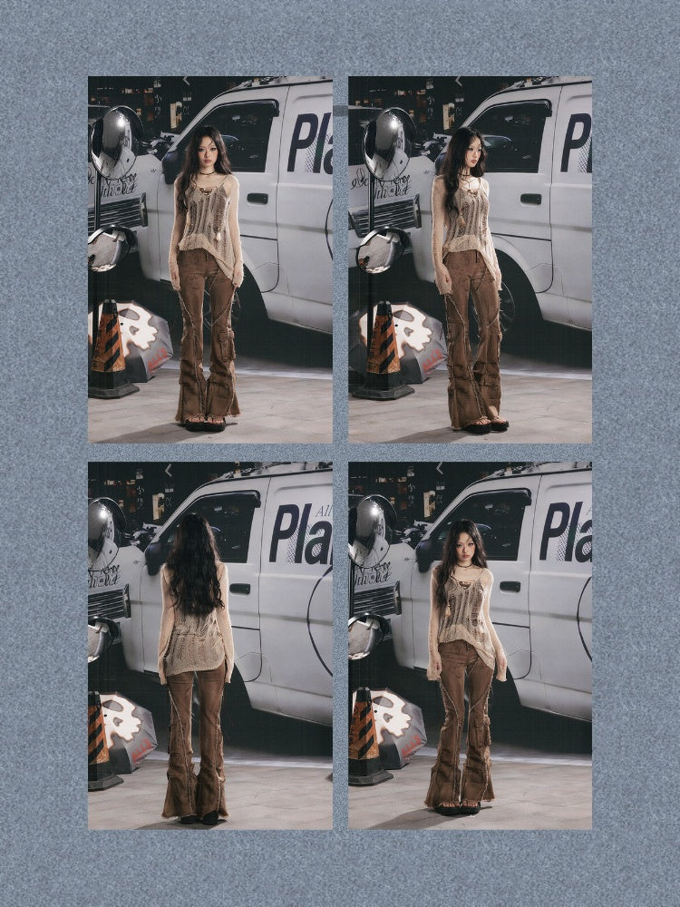 Cover-Up Hollow-Out Light Yarn Ripped Irregular Long-Sleeve Two-Piece Set【s0000018154】