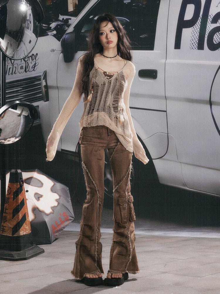 Cover-Up Hollow-Out Light Yarn Ripped Irregular Long-Sleeve Two-Piece Set【s0000018154】