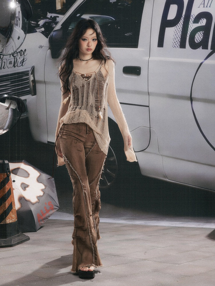 Cover-Up Hollow-Out Light Yarn Ripped Irregular Long-Sleeve Two-Piece Set【s0000018154】