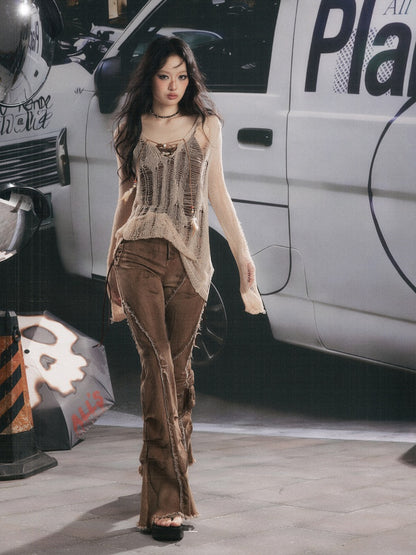 Cover-Up Hollow-Out Light Yarn Ripped Irregular Long-Sleeve Two-Piece Set【s0000018154】