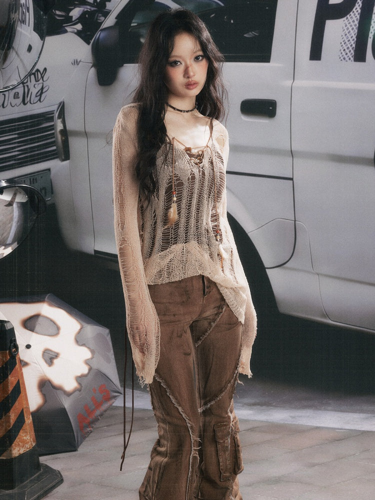 Cover-Up Hollow-Out Light Yarn Ripped Irregular Long-Sleeve Two-Piece Set【s0000018154】