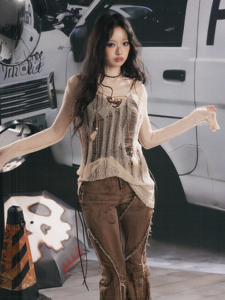 Cover-Up Hollow-Out Light Yarn Ripped Irregular Long-Sleeve Two-Piece Set【s0000018154】
