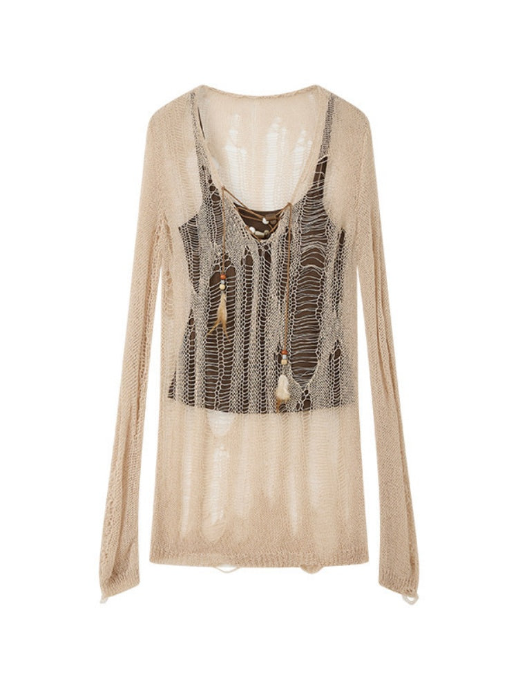Cover-Up Hollow-Out Light Yarn Ripped Irregular Long-Sleeve Two-Piece Set【s0000018154】