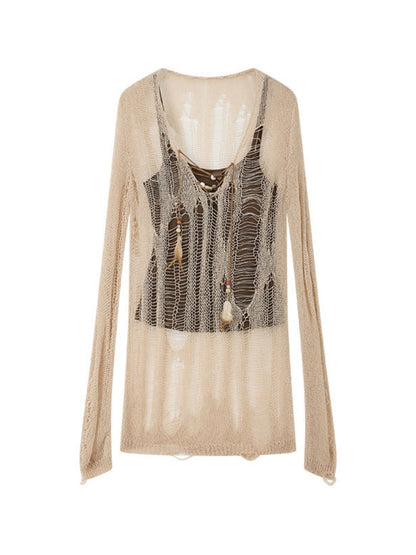 Cover-Up Hollow-Out Light Yarn Ripped Irregular Long-Sleeve Two-Piece Set【s0000018154】