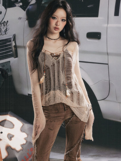 Cover-Up Hollow-Out Light Yarn Ripped Irregular Long-Sleeve Two-Piece Set【s0000018154】